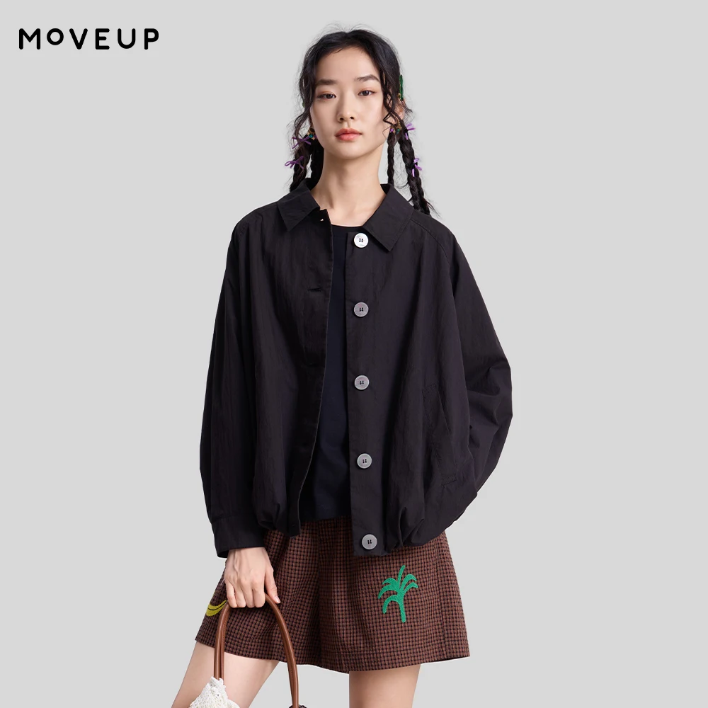 

Женская укороченная куртка MOVEUP, весна 2026, новая коллекция, цвет хаки, модный воротник с лацканами, на пуговицах, с карманами, с зауженным низом, свободное повседневное пальто 3ELC22003