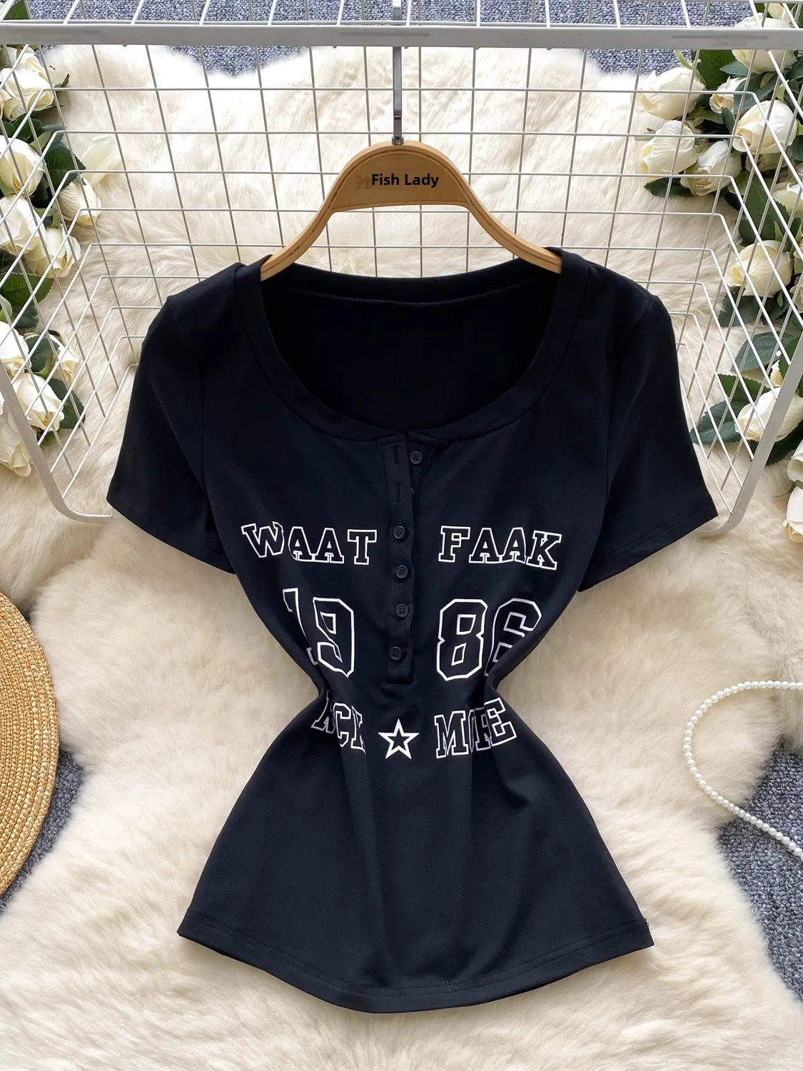 

Retro American Spicy Girl T-irt Women's Summer Pure Desire Faion Letter Print round Ne Slim ort Sve Top