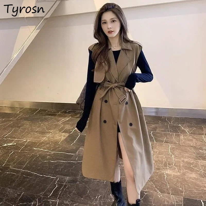 

Trench Women Design Double Breasted Notched Sashes Elegant Long Outwear Korean Safari Style Sleeveless Coats Tooling Mujer Chic