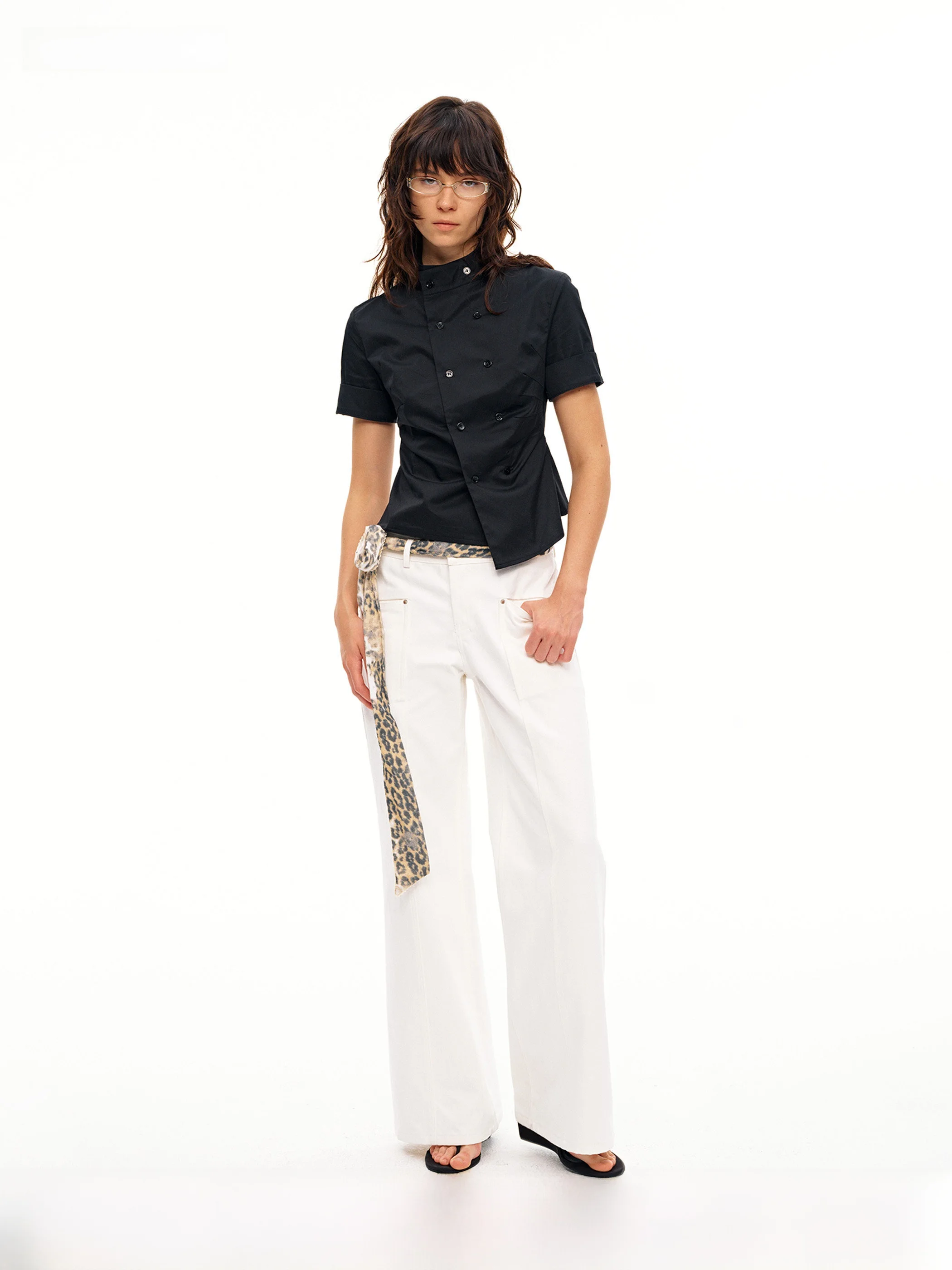 

AHNKANK Spring Summer New Asymmetric Double Button Stand Collar ort Sve irt Waist Inward Design Bla Top Women's Faion