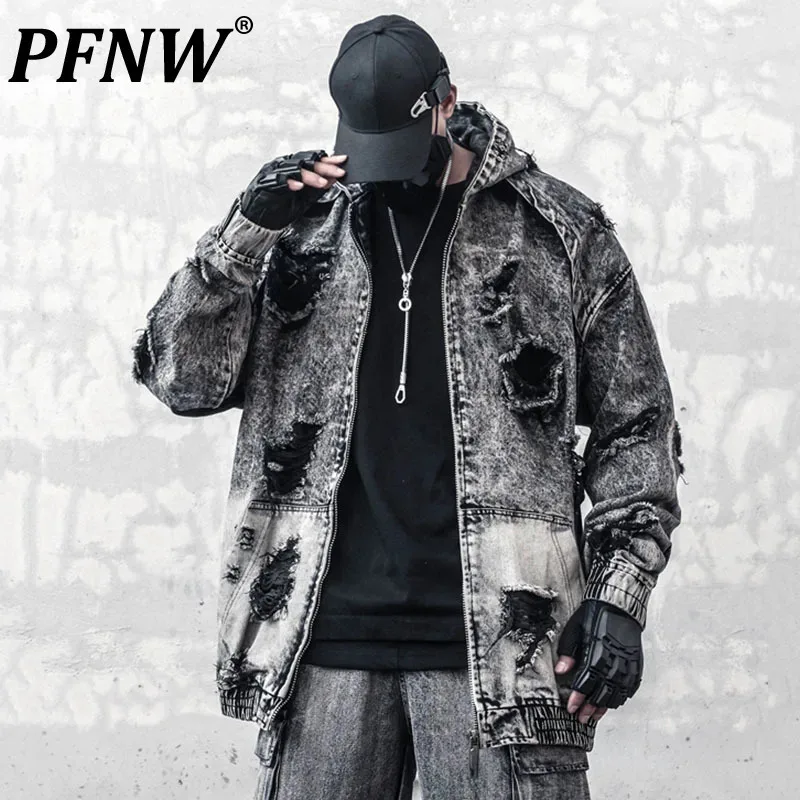 

PFNW Functional Style Men's Denim Jackets Hooded Worn-out Hole Washed Zipper Casual Big Pockets Autumn Male Coats New 12C973