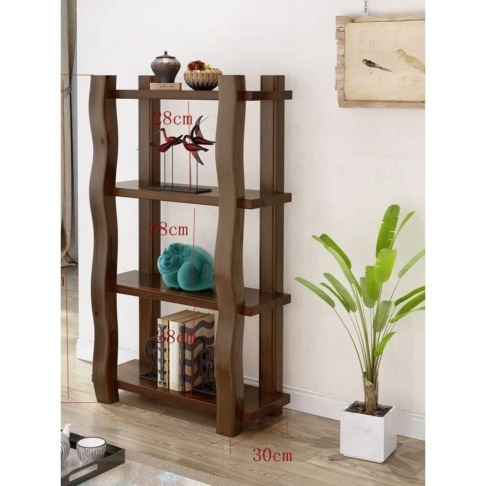 Solid wood retro bookshelf storage rack, floor to ceiling Chinese style antique shelf, living room, luxurious office, multi-laye