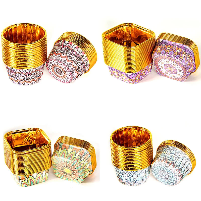 50pcs Gold Cupcake Liners Eid Mubarak Muslim Pattern Foil Muffin Baking Cupcake Wrappers Holder for Ramadan Islamic Party Decor