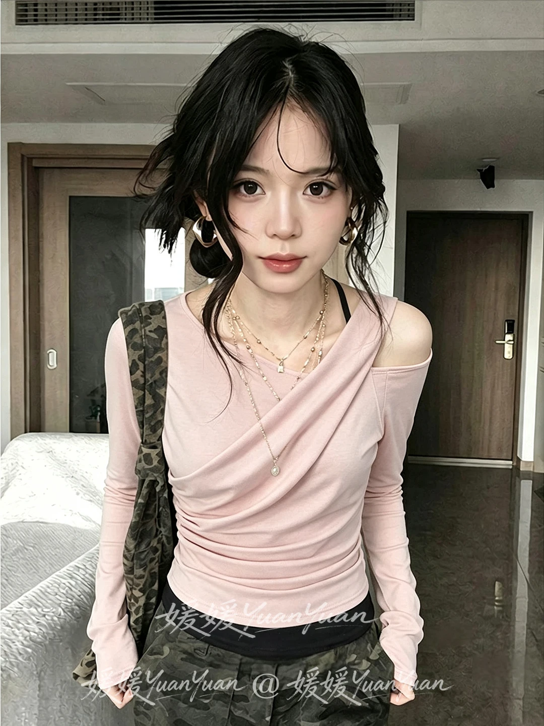 Gentle First Love Korean Style Pure Desire Shoulder Bared Long Sleeve T-Shirt Women's Fashion Autumn New Design Slimming Top