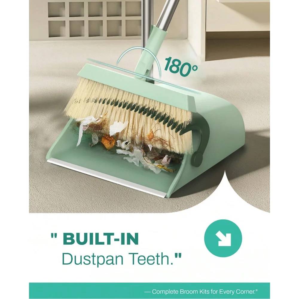 

Broom And Dustpan Set For Home, Extendable To 53'' Long Handle Broom Dust Pan Comb, Cyan