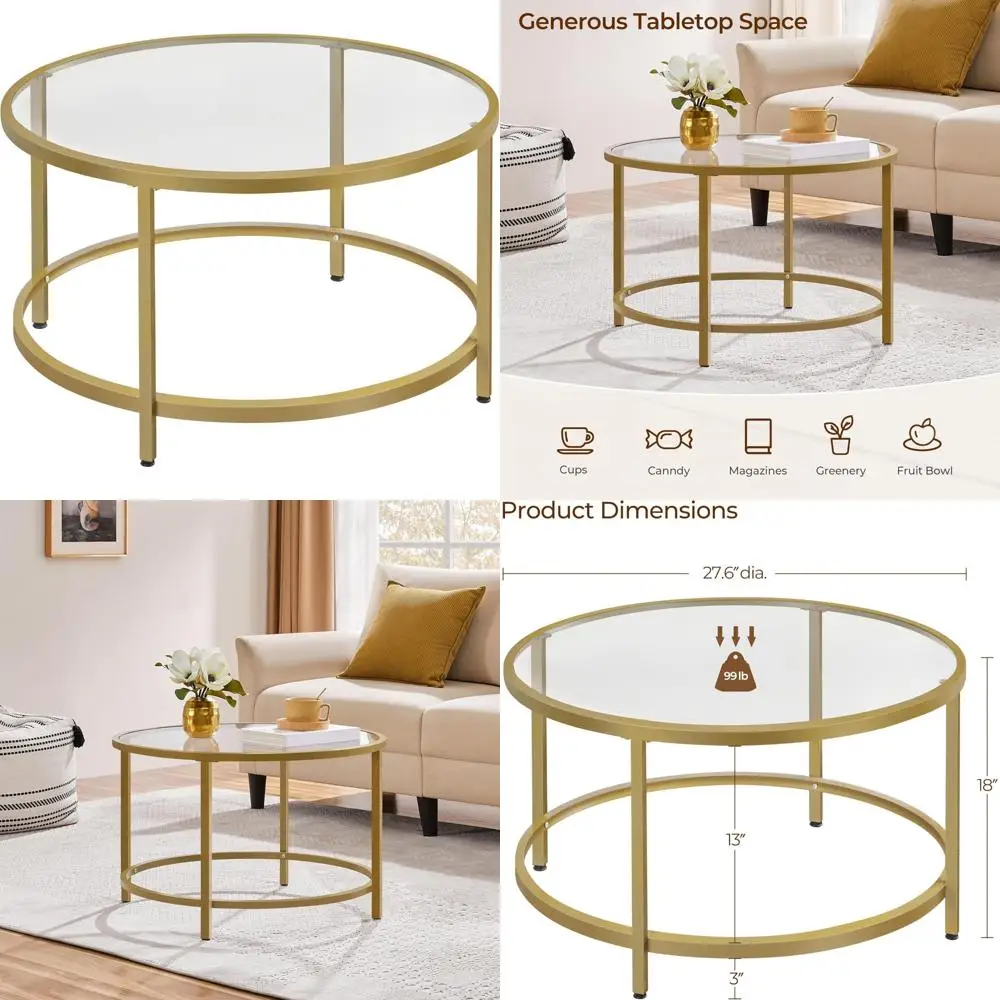 

Round Glass Coffee Table with Metal Frame for Living Room, Elegant 27.6-inch Home Decor Accent Table