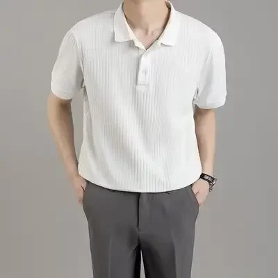 New Fashion 2025 Summer Men's Turn-down Collar Short Sleeve Solid Color T-shirts Casual Trendy
