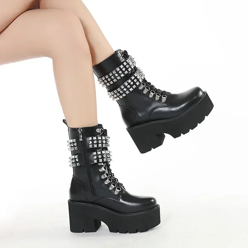 

Luxury Design Platform Thick Heel Mid Calf Boots Women Punk Cool Gothic Black Rivets Shoes Woman Soft Leather Motorcycle Boots