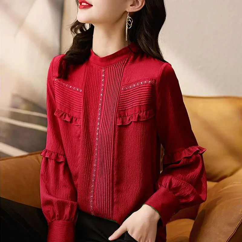 Women\'s Clothing Casual Stand Collar Shirt Fashion Ruffles Spliced Spring Autumn Solid Color Basic Pleated Long Sleeve Blouse