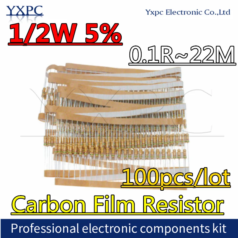 Resistencia de película de carbono 100 piezas 1/2W 0,5 W 5% 0.1R ~ 22M 1M 1R 2.2R 10R 22R 47R100R 470R 1K 4,7 K 10K 47K 1 2,2 10 22 47 51 100 150 ohm