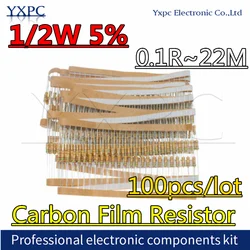 Resistencia de película de carbono 100 piezas 1/2W 0,5 W 5% 0.1R ~ 22M 1M 1R 2.2R 10R 22R 47R100R 470R 1K 4,7 K 10K 47K 1 2,2 10 22 47 51 100 150 ohm