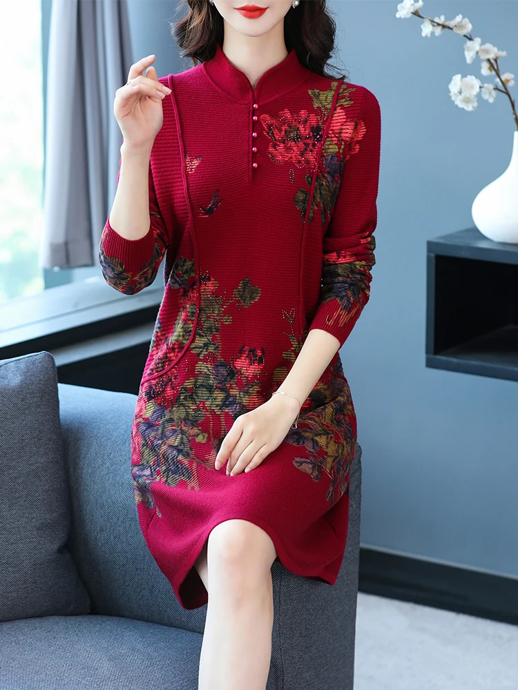 

Floral Print Long Sweaters Dress Spring Autumn Womens Clothes Long Sleeve Femme Pullover High Quality Loose Sweater Women