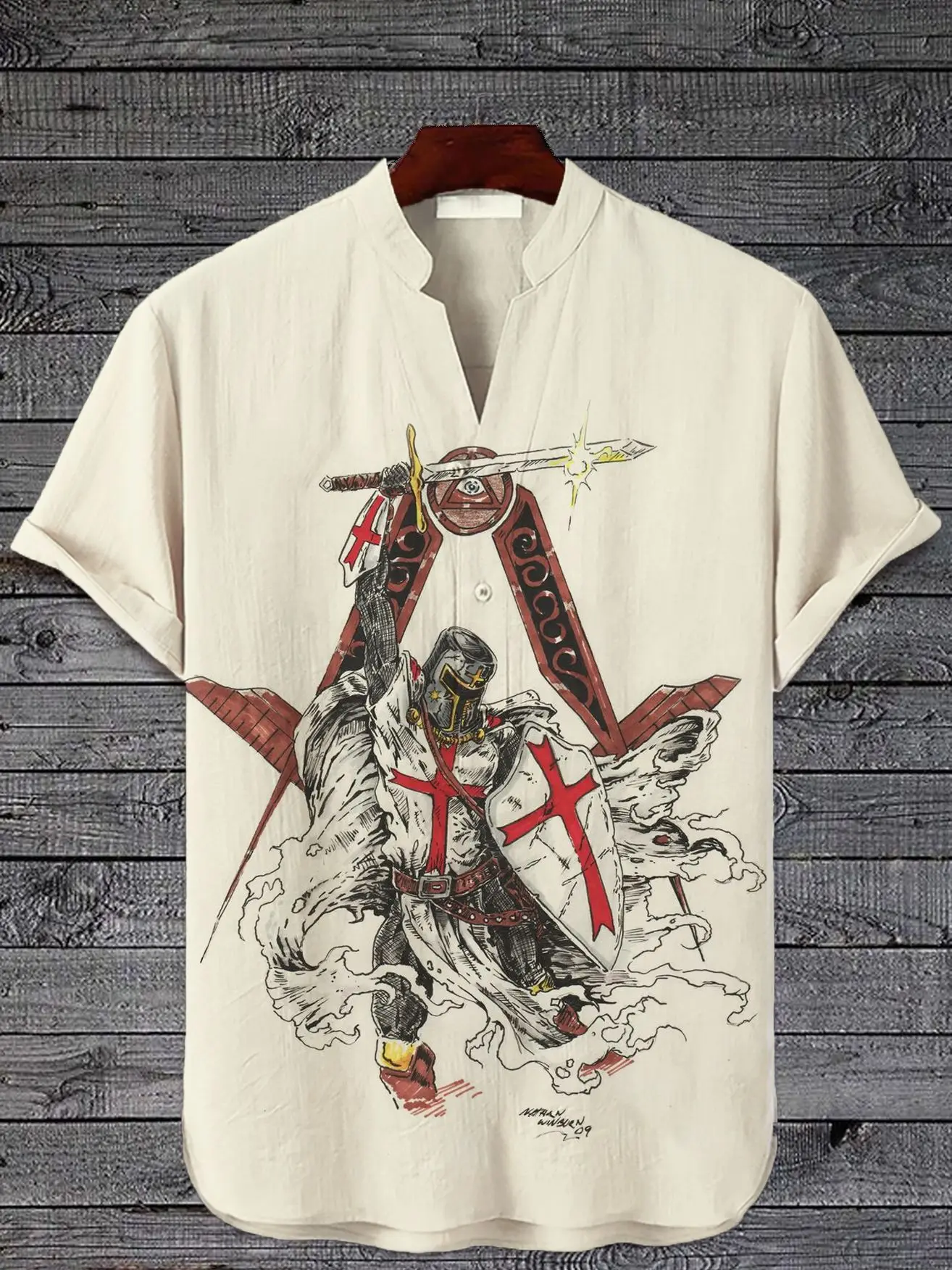 Camisa de manga corta de estilo japonés Hawaiano, hecha de tela de lino con patrón impreso templario, popular en Asia