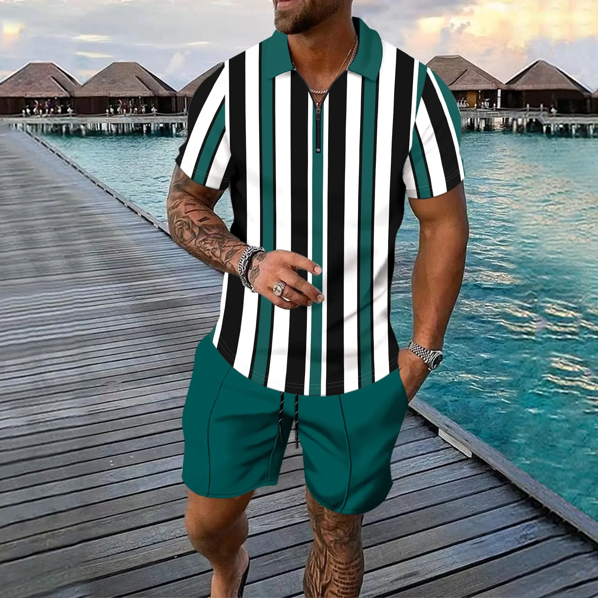 

2025 Summer New Men's Striped Daily Casual Short-sleeved Shorts Two-piece Sports Casual Men's Suit