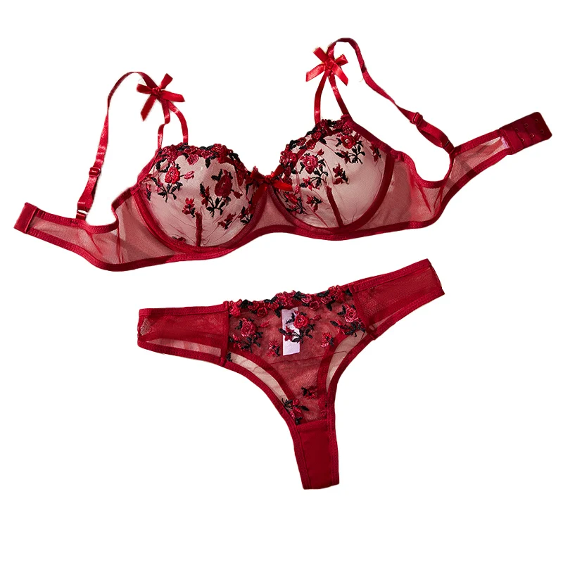 

Sexy Lingerie Women Red Lace New Embroidery Floral Ultra-thin Deep V Exquisite Transparent Underwear Bra Set Erotic Costumes