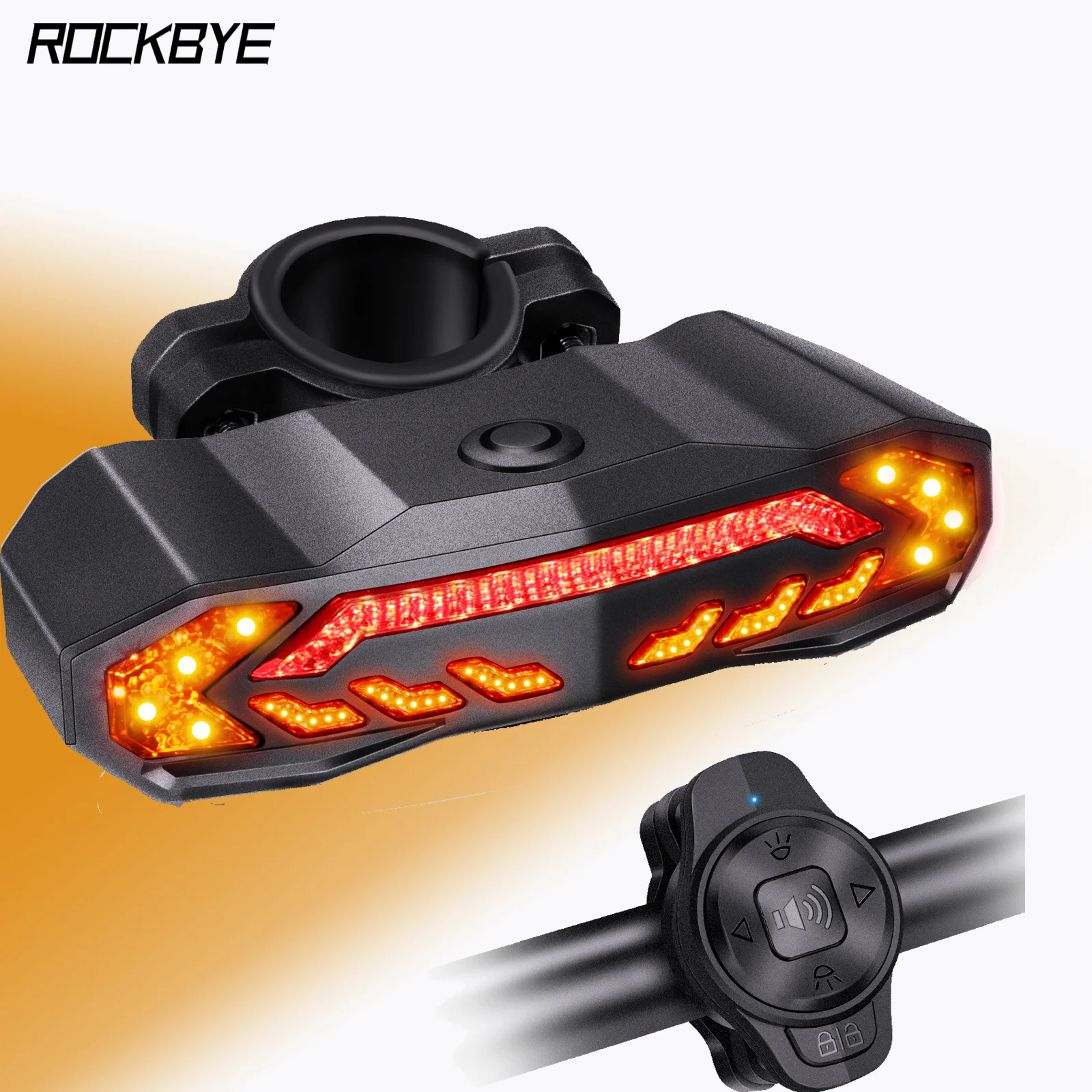 Rockbye Bicycle Tail Light with Alarm, Wireless Remote Control Turning Lamp Type-C Rechargeable IP54 Waterproof Anti-Theft Lamp