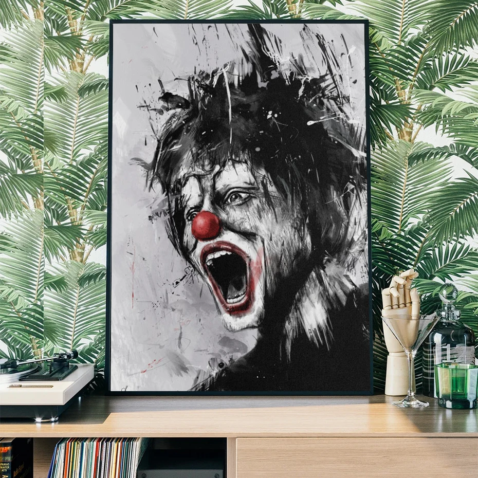 

Black and White Classic Movie Poster, Angry Clown Oil Painting, Nordic on Wall Art, Print Living Room Pictures Canvas Painting