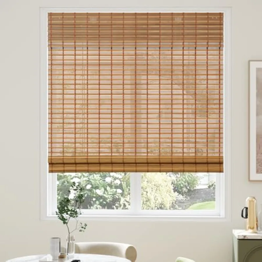 

Bamboo Roman Shades with Valance Cover, Cordless Blinds for Indoor Windows, Light Filtering Woven Wood Shades for Home and Pati