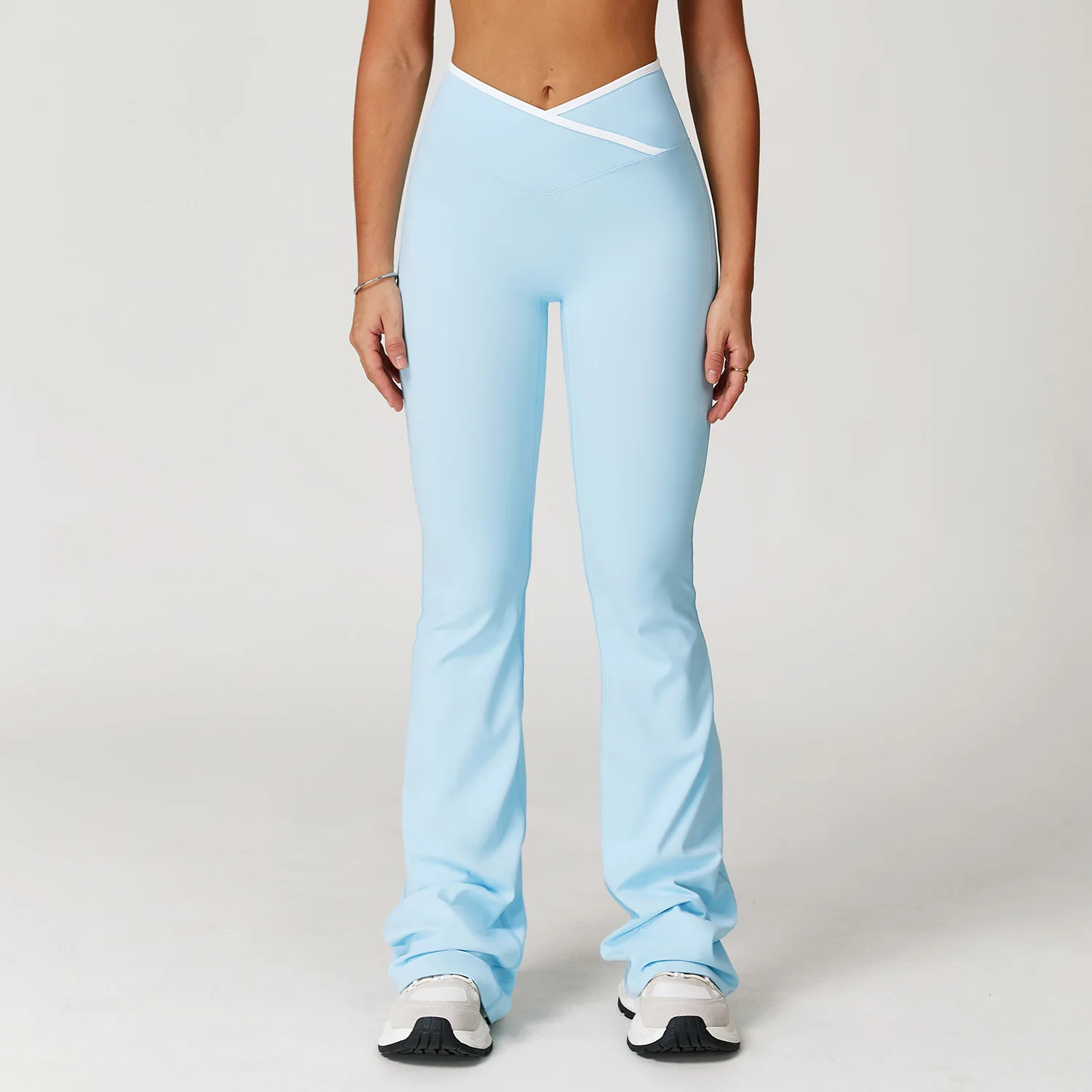 Legging Flare Crossover untuk Wanita Celana Yoga Kontrol Perut Bawahan Lonceng Silang V Pinggang Tinggi Legging Olahraga Gym Pakaian Wanita