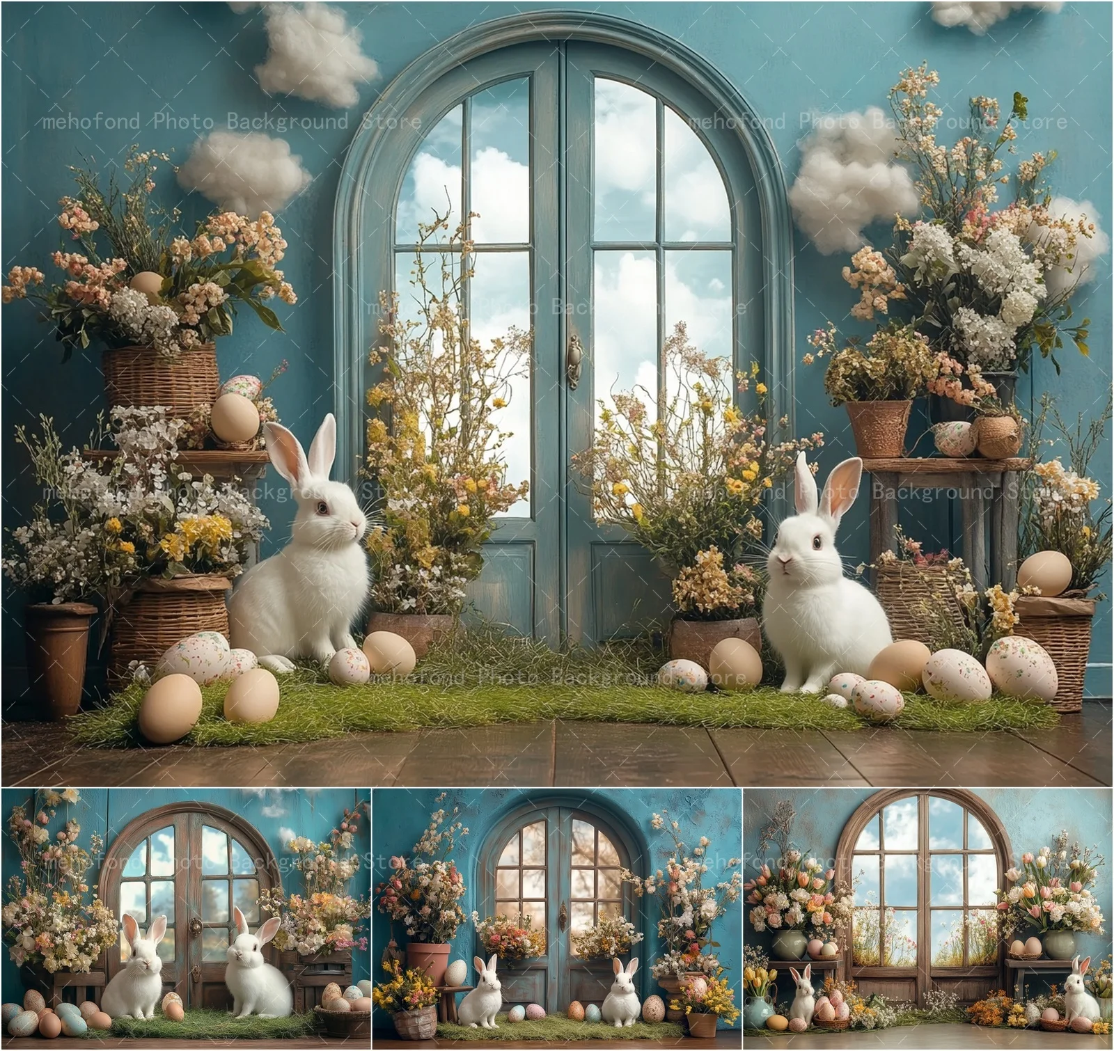 

Фон для фотосъемки Mehofond, весенний пасхальный светло-голубой стены, красочный белковый кролик, цветок, детский семейный портретный фон, декор