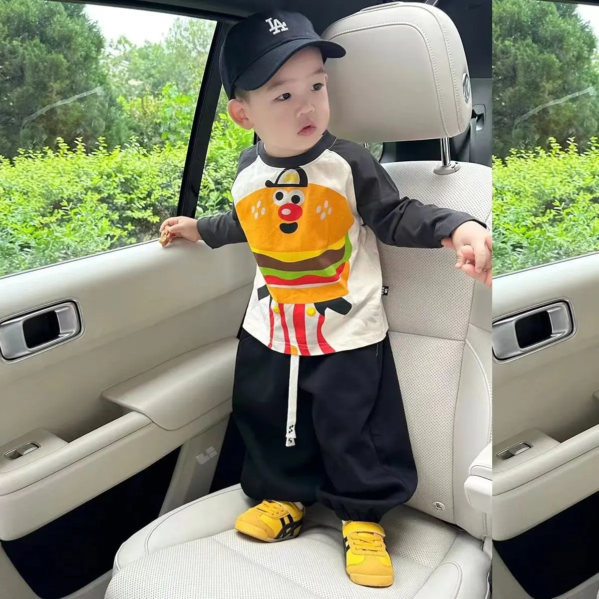 

Korean Children's Clothing Spring Autumn Cartoon Burger Printed Long Sleeve T-shirt Children's Tops Pants 2pcs Set Sport Outfits