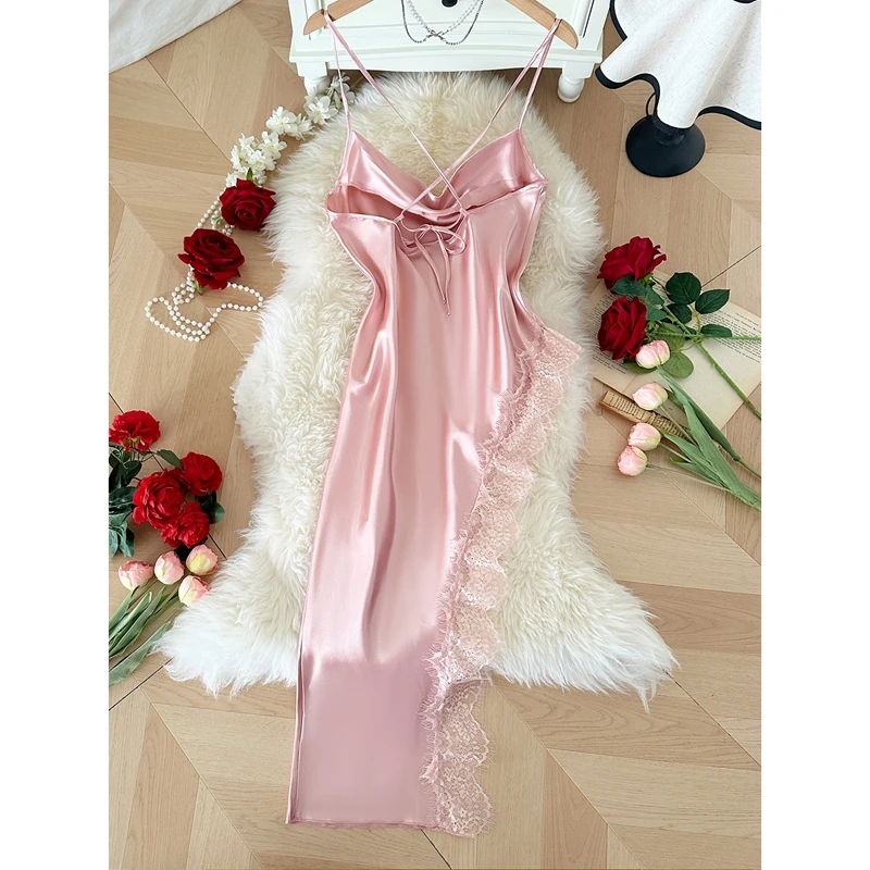 Combhasaki المرأة الأشرطة تعادل عارية الذراعين ثوب النوم Y2k الأزهار الدانتيل تقليم الحرير الساتان المرقعة الجانب عالية الشق كامي زلة فستان طويل #6