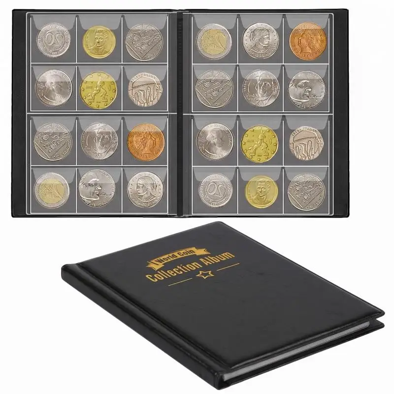 120Pockets Artificial PU Leather Coins Collection Album Book Collecting Money Organizer Storage Bags PVC Film