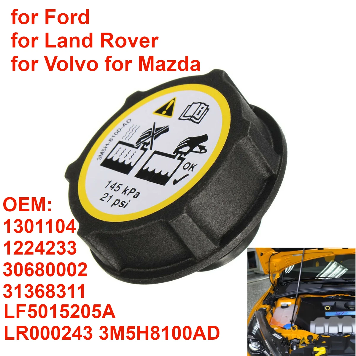 1224233 Expansion Water Coolant Tank Cap Radiator Cover 3M5H-8100-AD 1301104 for Ford Focus for Land Rover for Mazda for Volvo