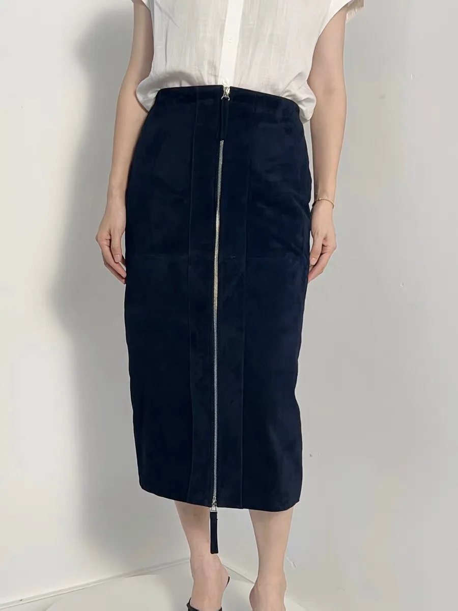 Retro Kid Suede Leather Skirt for Woman Front Zipper with Double Siders Split Slim Pailform Skirt Long Faldas Para Mujeres Long