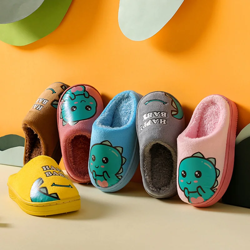 Cartoon Dinosaur Winter Warm Slippers for Kids Boys Girls Non-slip Thickness Soft Soled Slippers for Children Home Plush Shoes