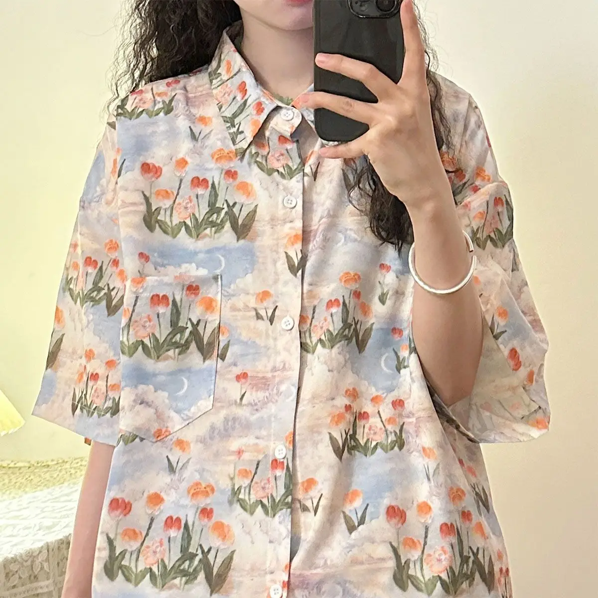 2024 Summer Japanese Retro Loose Casual Fashionable Sweet Full Print Lazy Style Short Sleeve Flower Shirt Women\'s Casual Top