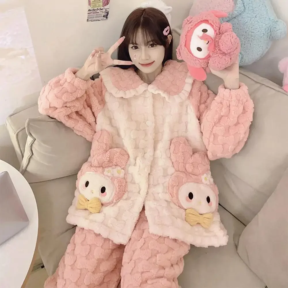 Sanrioed Anime Kawaii Cinnamoroll My Melody Kuromi Women\'s Pajamas Coral Velvet Thickened Long Sleeve Nightwear Winter Homewear