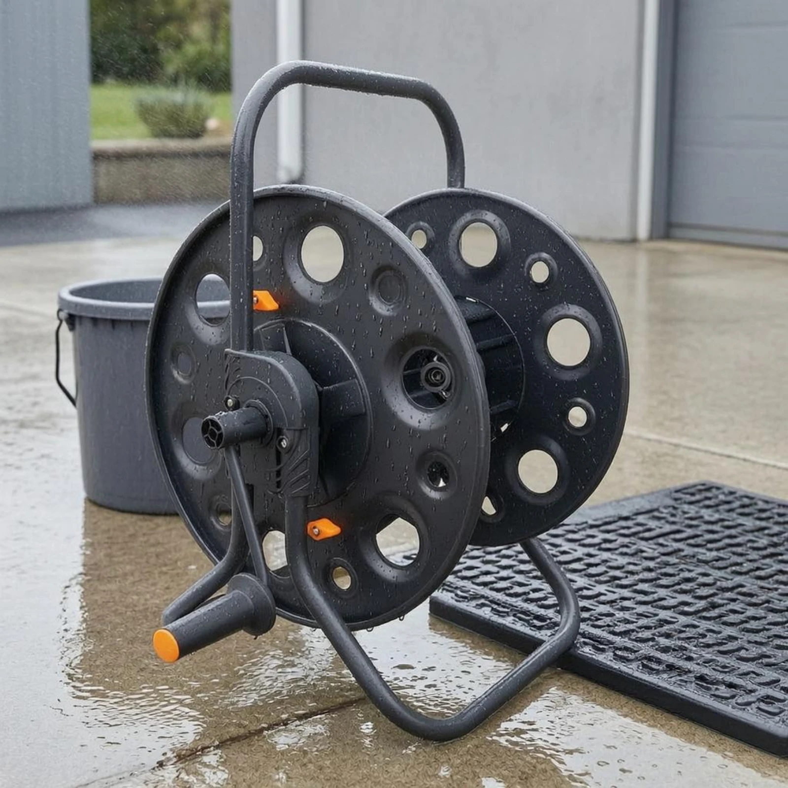 Metal Hose Reel Wagon Black Coated Manual Hose Reel Wagon Handheld Easy to Move
