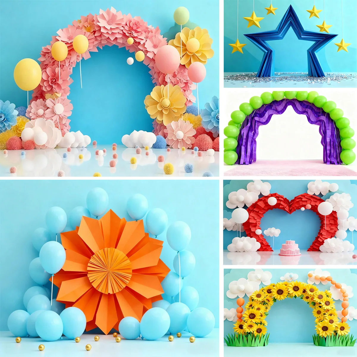 Floral Arch Happy Birthday Theme Vinyl Backdrop Photography Background with Balloons Colorful Flowers Cloud Decor