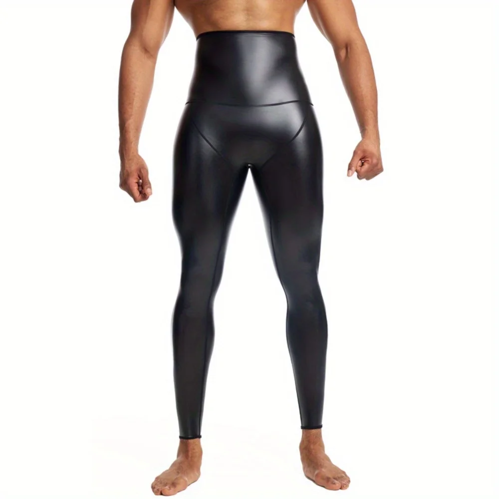 Mens Fitness Leather Pants High Waist Body Shaper Waist Trainer Compression 9pts