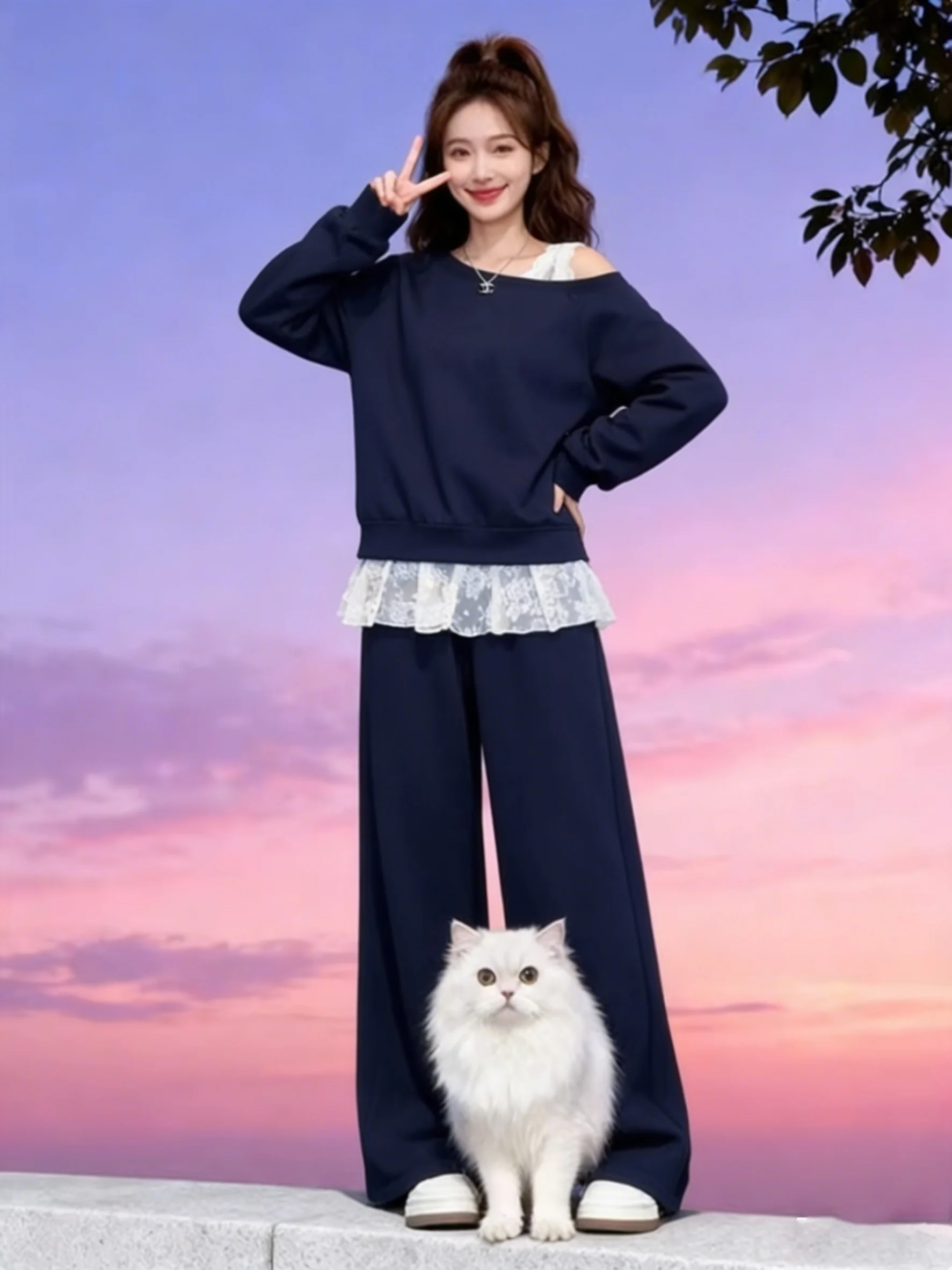 

Ele Lace Splice Sweatirt And Straight Leg Pants Two Piece Set Spring 2026 Women's Faion Casual Outfit Fake Two-Piece