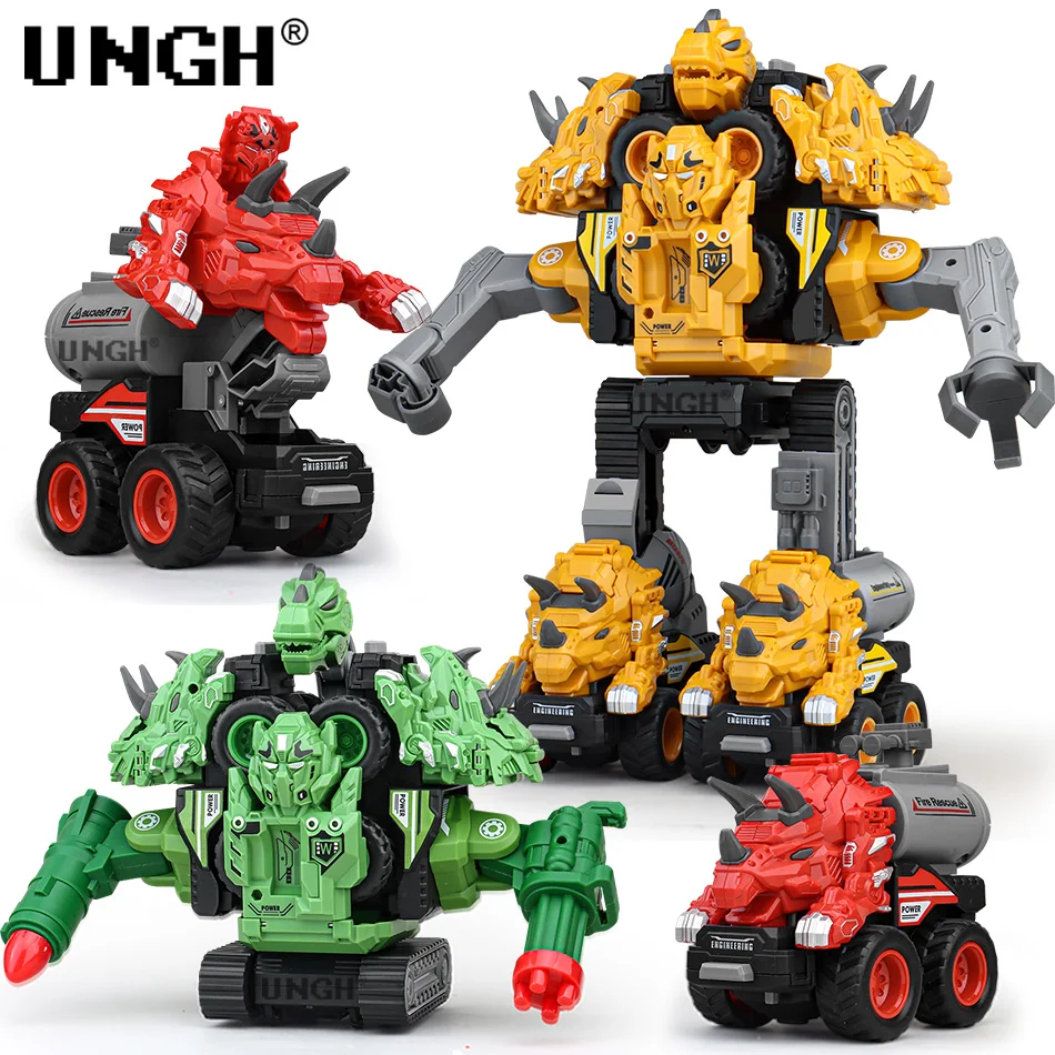 

UNGH Children Jurassic Dinosaur One-Key Transformation Robot Toys Models Deformed Inertial Car 5in1 Mecha Toy For Kids Boy