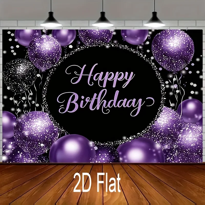 Ein 2D-Flachbanner-Geburtstagshintergrund aus Stoff mit der Aufschrift "Happy Birthday" und lila glitzernden Luftballons.