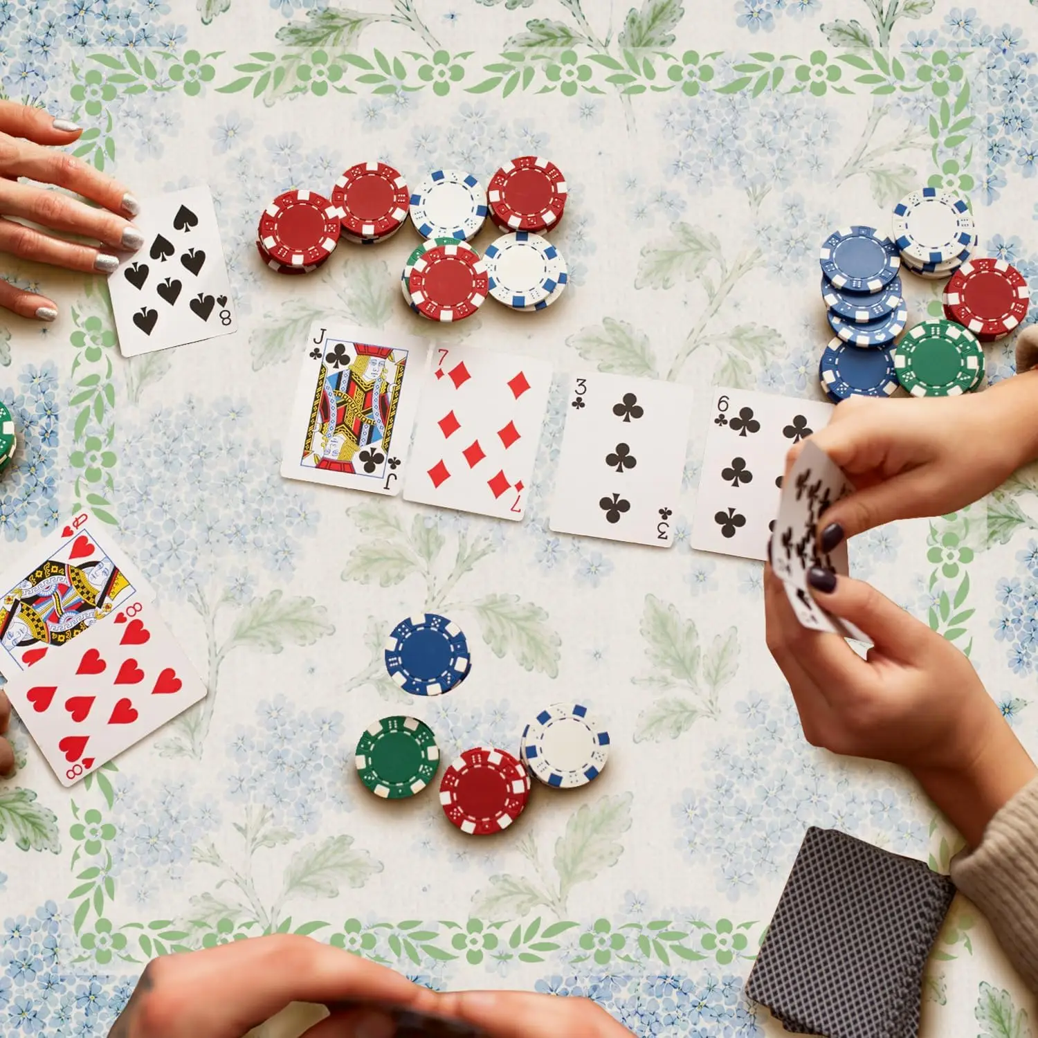Neoprene 31.5 Inch Luxury 3mm Mahjong Mat Blue Green Hydrangea Floral Grandmillennial Non-slip Noise Reduction for Poker