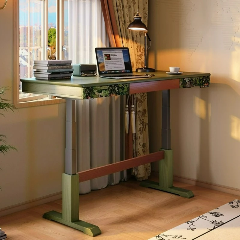 

Electric lifting table French retro home solid wood desk antique computer study table workbench