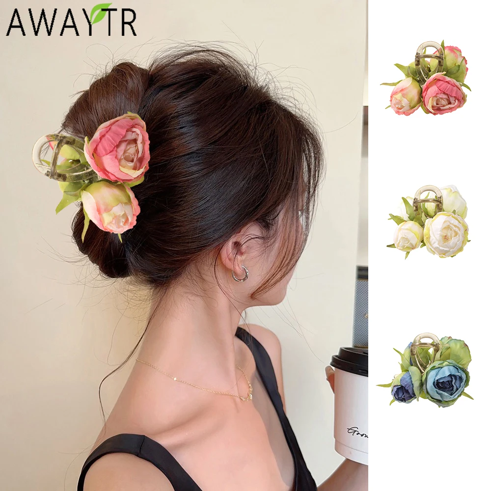 AWAYTR Bud Rose Flowers Hair Claws Farbic Ponytail Hair Clips Crab For Women Girl Gift Hair Accessories Valentine Headwear