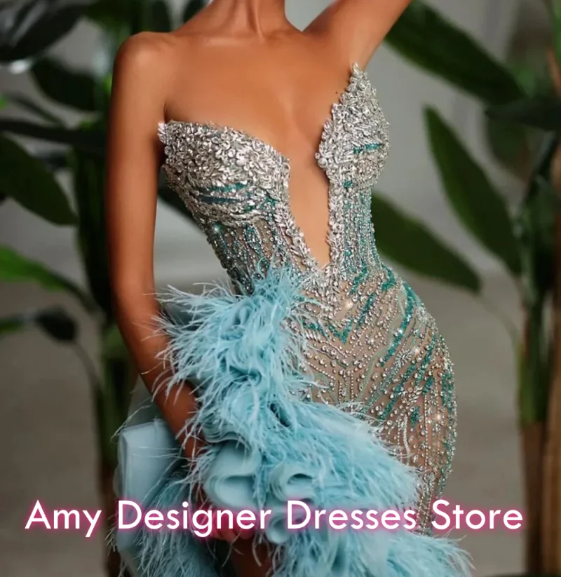 Robe de soirée de forme sirène, tenue de soirée de luxe, perles, col en V, paillettes, plumes, fendue, volants en cascade, personnalisée, 2026