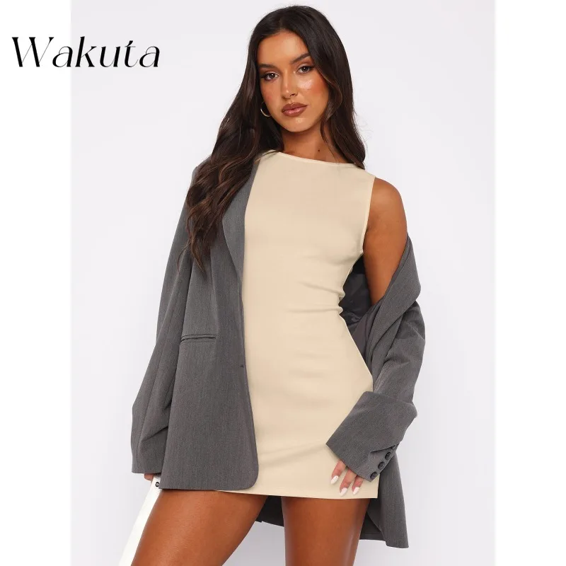 WAKUTA Classic Solid Sexy Round Neck Sleeveless Wrap Hip Robe Premium Feeling Waist Gowns Comfortable Casual Mini Short Dresses