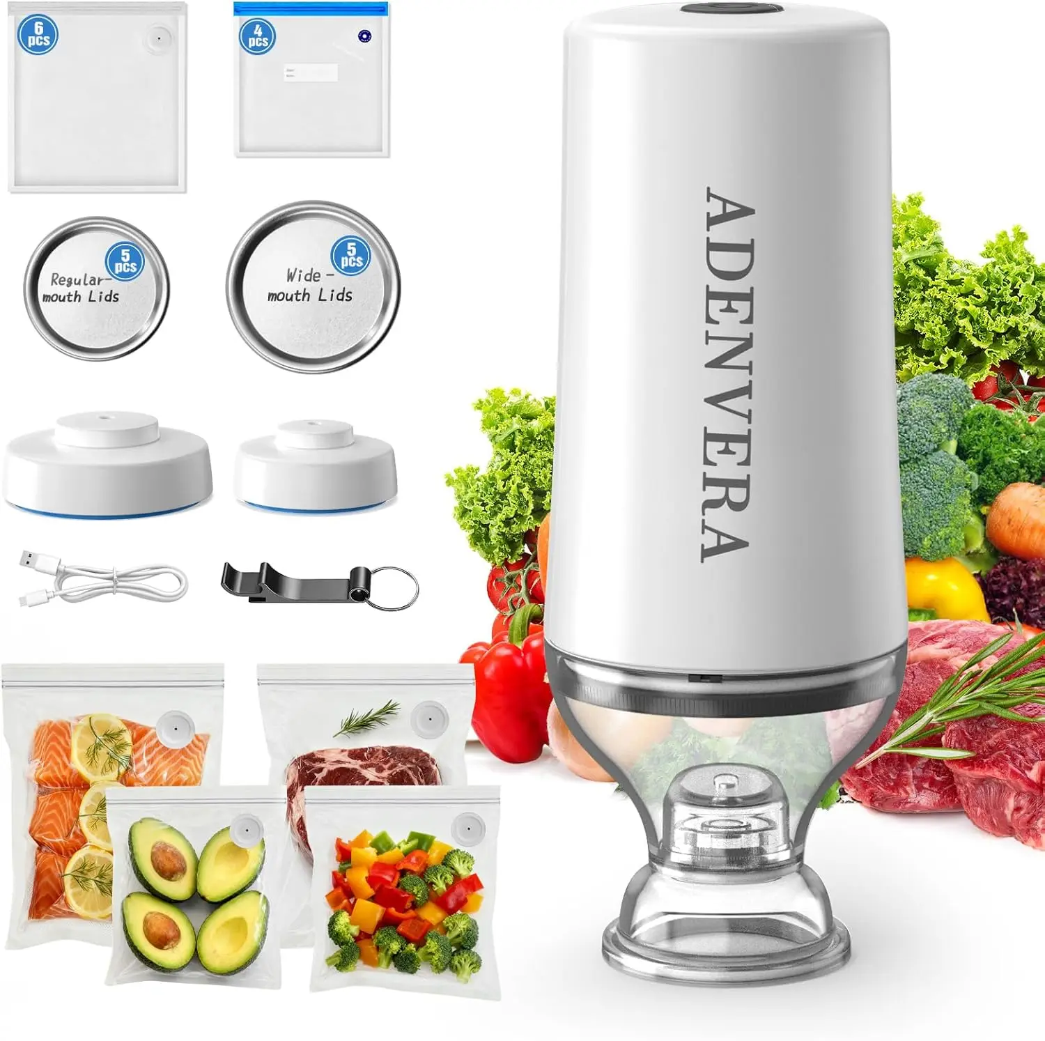 

Electric Mason Jar Vacuum Sealer Kit with 10 Reusable Bags & Lids, Portable Rechargeable, Smart Auto-Stop