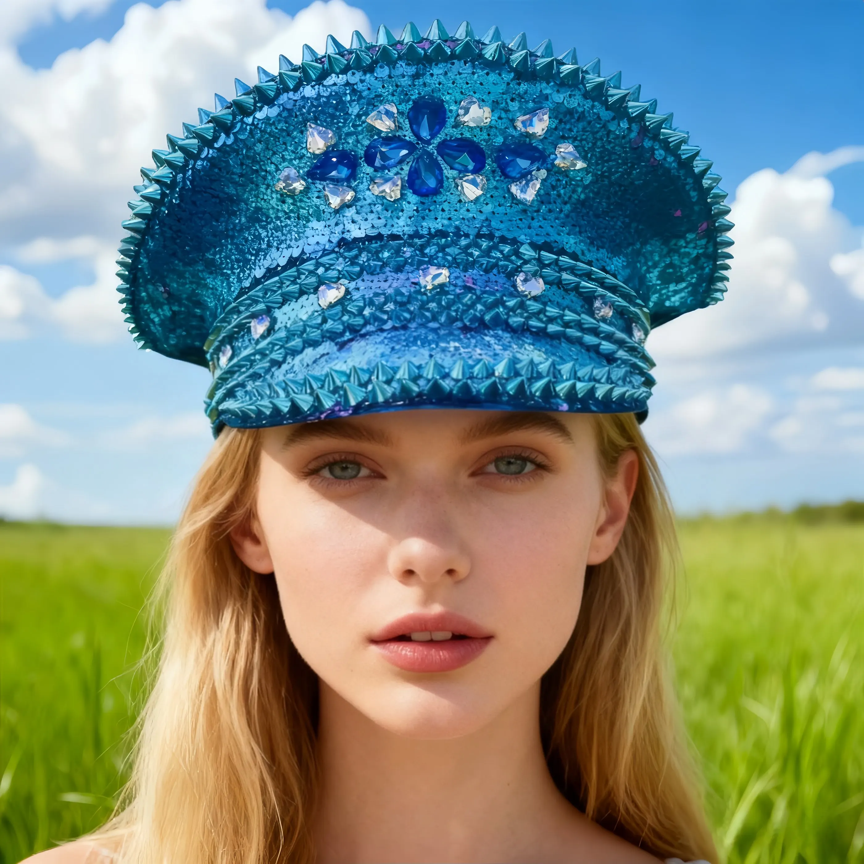 

HongLuan Disco Blue Steampunk Captain Hat Rhinestone for Burning Man Festival Woman, Vintage Military Accessories & Cap Man