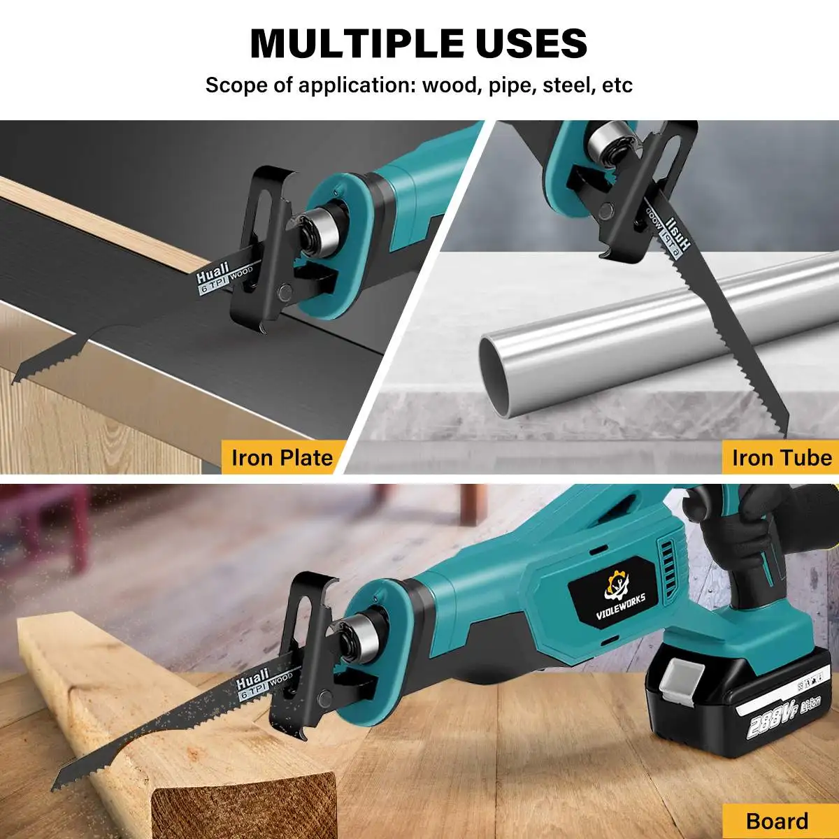 VIOLEWORKS Cordless Reciprocating Saw with 4pcs Blades Electric Saw Wood Metal Pipe Cutting Tool for Makita 18v Battery