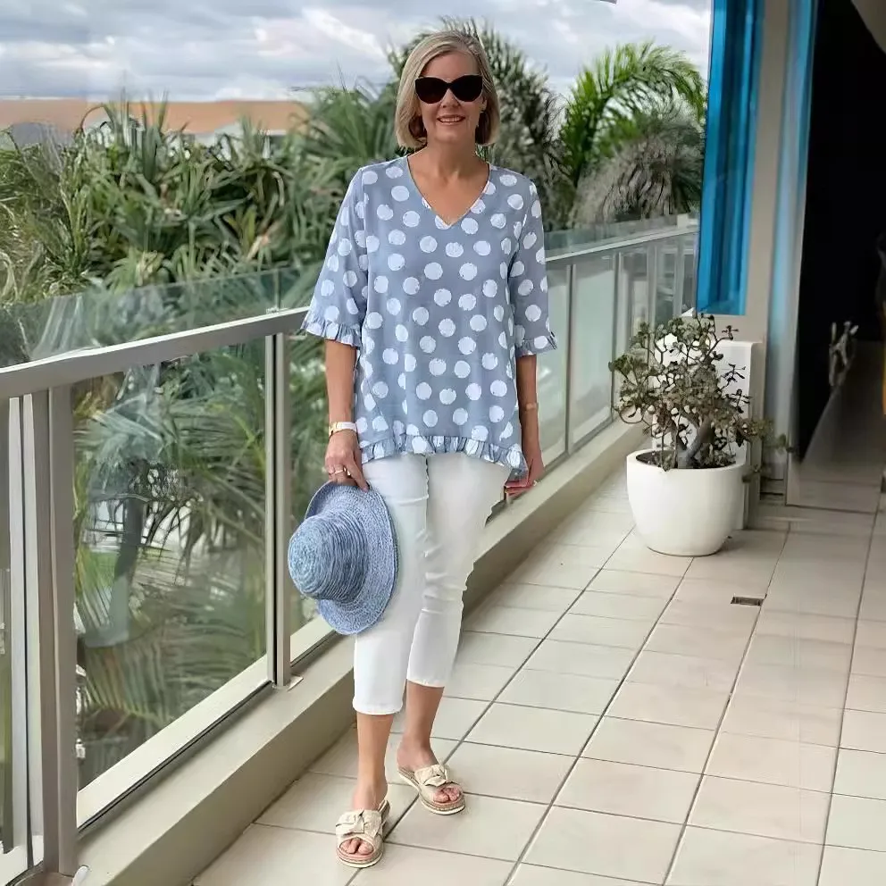 Short Sleeve T Shirt Tops For Woman Loose Fit V Neck T Shirts Polka Dot Print Ruffle Hem Tee Pastel T-shirt Womens