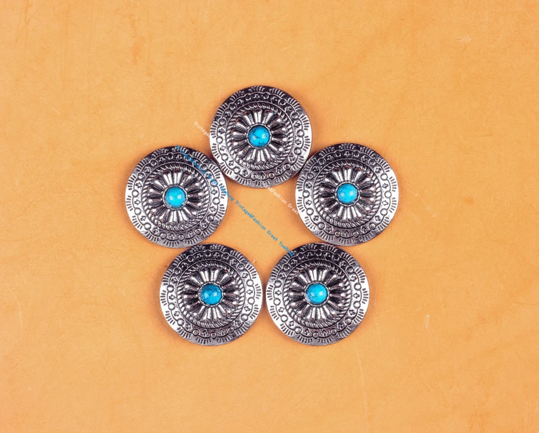 

10pc Wholesale 30MM Western Metal Silver Blue Turquoise Flower Engraved leathercraft Belt Bag Conchos Screw Back 5 colors Beads