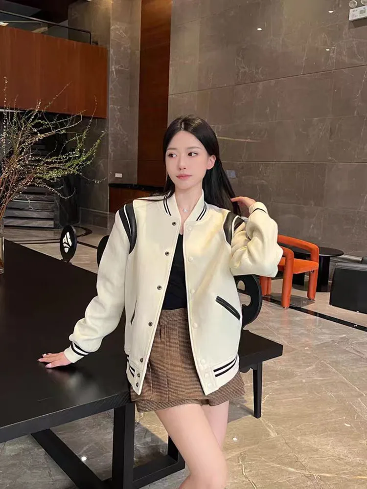 Amerykańska kurtka bejsbolówka w stylu retro z naszywkami ze skóry i wełny, damska, jesienno-zimowa, unikalny projekt dla par, płaszcz ort.