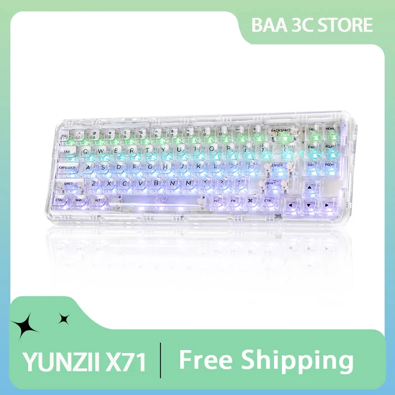 YUNZII X71 Transparent Mechanical Keyboard 3Mode 68% Layout Wireless BT/2.4G/USB-C RGB Hot-Swap Gasket Pc Gamer Accessories